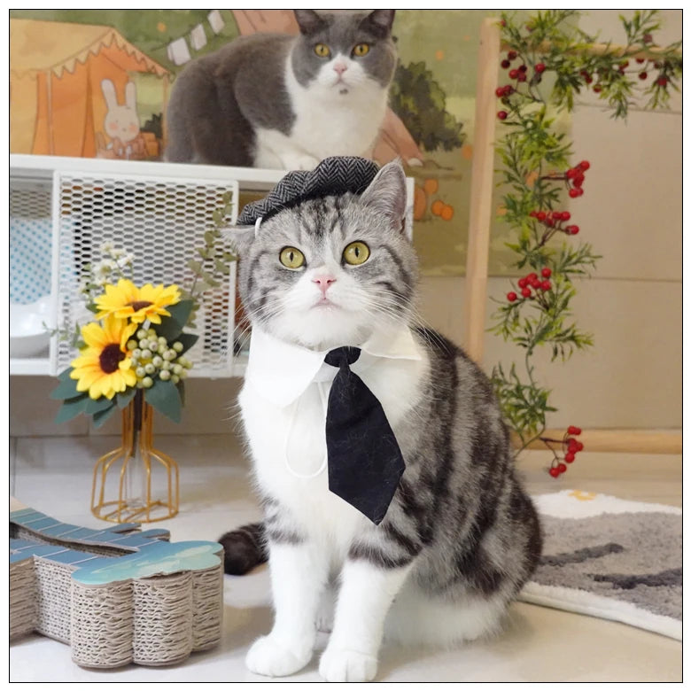 Funny Pet Cat Hat Gentleman's Hat Beret Tie Bathing Blood Gangster Handsome Cosplay Photo Prop Pet Halloween Costume