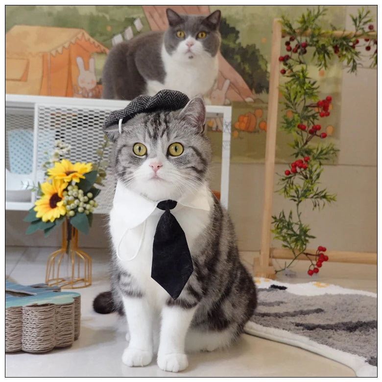 Funny Pet Cat Hat Gentleman's Hat Beret Tie Bathing Blood Gangster Handsome Cosplay Photo Prop Pet Halloween Costume