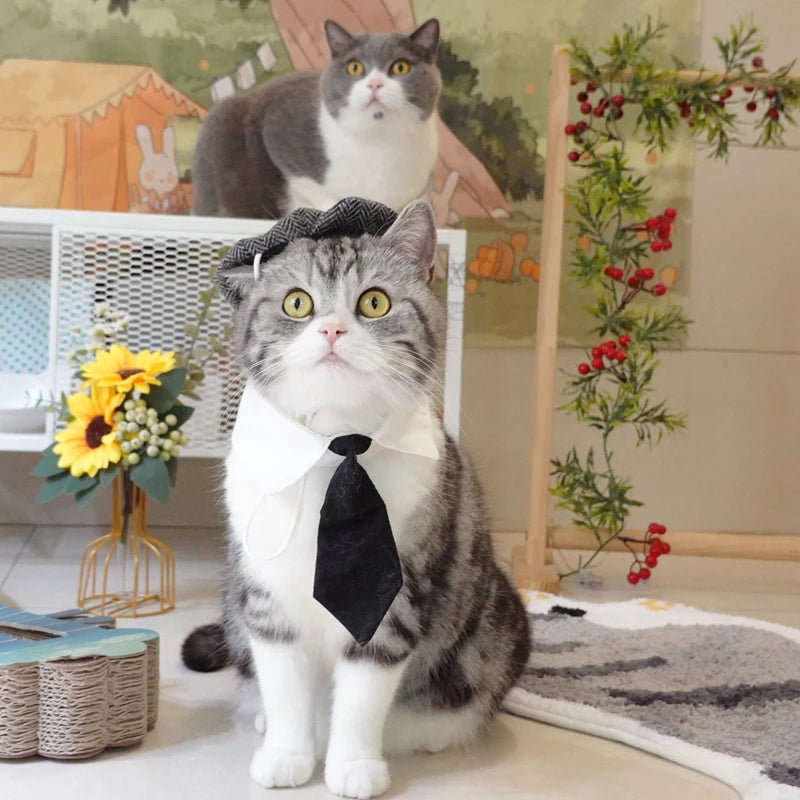Funny Pet Cat Hat Gentleman's Hat Beret Tie Bathing Blood Gangster Handsome Cosplay Photo Prop Pet Halloween Costume