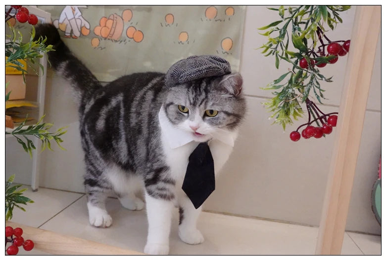 Funny Pet Cat Hat Gentleman's Hat Beret Tie Bathing Blood Gangster Handsome Cosplay Photo Prop Pet Halloween Costume